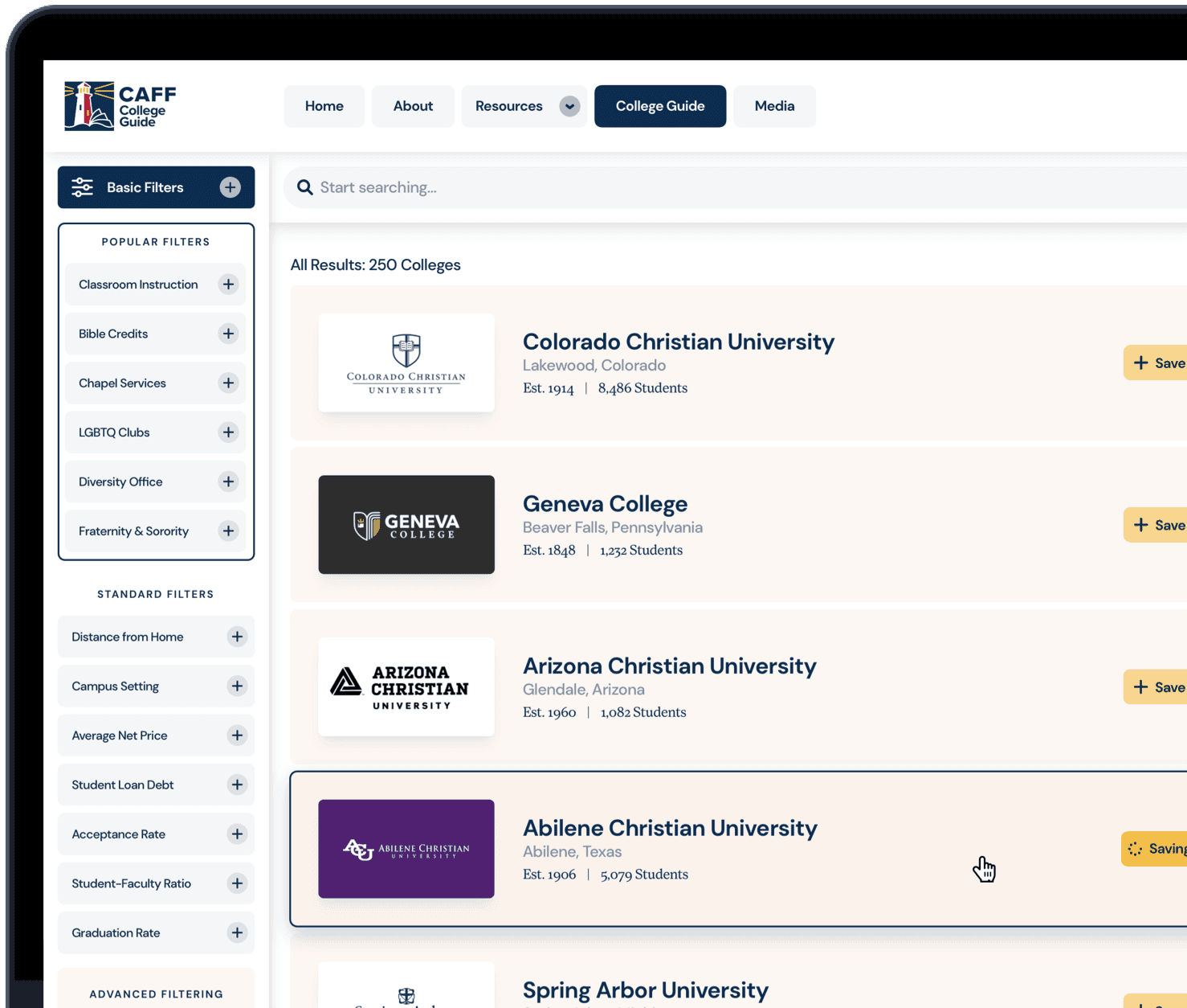 Screenshot of the CAFF College Guide search results page on a laptop.